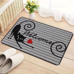 VIKAMA Minimalist Black Cat “Welcome” Doormat—Machine-Washable Non-Slip Indoor/Outdoor Entryway Rug and Bath Mat Home Decor