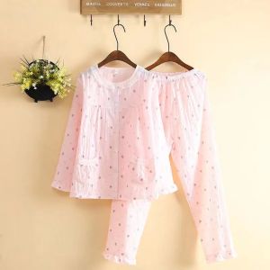 Japanese Cute Strawberry Thin Long Sleeves Pajamas Womens Spring and Summer Woven Washed Cotton Pajamas Home Wear Suit