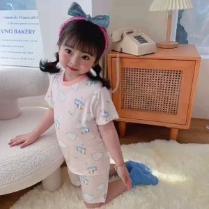 LNR Shop Setelan Santai Anak Perempuan Laki Laki Kaos dan Celana Pendek Bahan Modal Cotton Adem Halus Baju Rumahan 1-7 Tahun Motif Stella Lou Doraemon Unicorn Bear