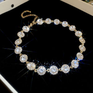 Ultra-Shiny Color Diamond Necklace Fashionable Minimalist French Style round Square Chain Cross-Border Luxury Clavicle Chain