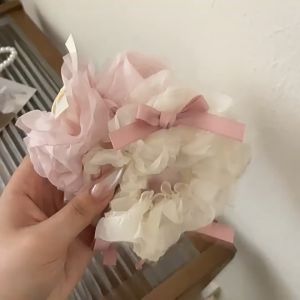 Cột tóc srunchies nơ ren bèo nhún hồng be ngọt ngào S06