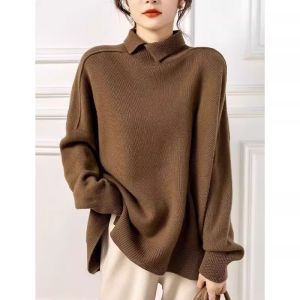 WANGGONGZHU | เสื้อสเวตเตอร์คอวีผ้าขนสัตว์แฟชั่นสำหรับผู้หญิง ฤดูใบไม้ร่วง/ฤดูหนาว เสื้อชั้นในแขนยาว ดีไซน์ใหม่ 2025 ทรงหลวม สวมใส่สบาย