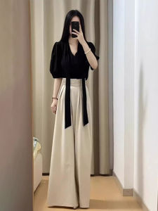 XUECAIQI | Plus Size Elegant Leisure Suit Short Sleeve Shirt Wide Leg Trousers