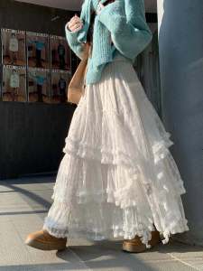 Princess Style Lace Half Skirt Autumn Winter Puffy Cake Long Skirts Womens High Waist Korean Style Floral Print Big Size