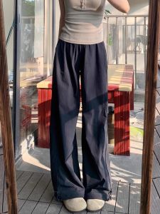 Quần Ống Rộng Ống Đứng Màu Xanh Lam Mùa Hè Mỏng Cạp Cao Cho Nữ Quần Dài Thường Ngày Bằng Vải Polyester 100%