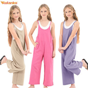 Rolanko Girls Jumpsuit Sleeveless Romper Wide Leg Pants Overalls for Kids Loose Jumpers with Pockets 5-14 Years
