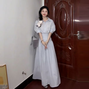 Blue Korean Minimalist Short Sleeve Shirt Set Women Summer Slimming Long Skirt Sweet Style Cotton Blend Polo Neck Daily Wear