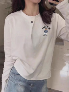 เสื้อยืดคอกลมแขนยาวทรงหลวมสำหรับผู้หญิง สไตล์เกาหลี ปกติ คอโปโล ลายดอกไม้ กระดุมเดียว เสื้อชั้นในสีขาว แฟชั่น