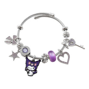 Sanrio | Purple Kuromi Zinc Alloy Charm Bracelet - Adjustable Wire Bangle Sparkling Rhinestone Accents Kawaii Fashion Accessory