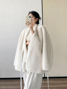 Winter New Womens V-Neck Fur Coat Artificial Mink Long Jacket Eco-friendly Leather Fur Integrated Medium-Length Korean Style