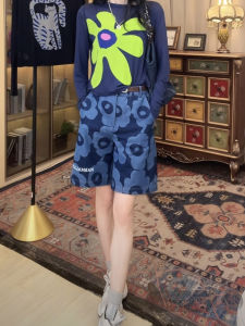 กางเกงขาสั้นผ้ายีนส์ลายดอกไม้สไตล์ฝรั่งเศสสำหรับผู้หญิงเอวสูง กางเกงขายาวทรงหลวมสบาย ๆ ทรงสลิมฟิต กางเกงยีนส์ทรงหลวม