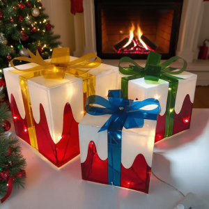 3PCS Christmas Glowing Gift Box PVC Colorful Gift Box Christmas Home Decoration Ornaments AA Battery Powered (Not Included)