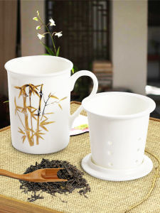 แก้วกรองชาดินสอขนาดใหญ่ดินเผากระดูก สไตล์จีน แก้วกรองชาดินสอแบบมีฝาปิด อุปกรณ์ชงชาแบบมีตะแกรงสำหรับใช้ดื่มชา