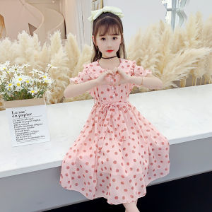 Korean Style Princess Skirt for Girls Summer Fashionable Child Clothing Polyester Georgette Short Sleeve round Dot Pattern
