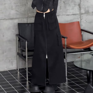 Black Workwear Mini Skirt Womens Spring Summer High Waist Slim A-Line Long Skirt Knee-Length Slit Elegant Commute Style