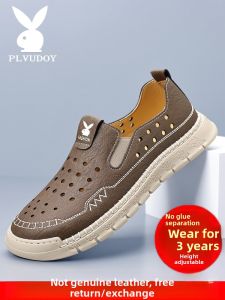 Leather Sandals Mens Summer Casual Heightening Outdoor Breathable Water Shoes Trendy Hollow out Slip-On Rubber Sole Shoes