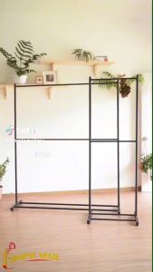 𝗦𝗜𝗠𝗣𝗟𝗘 Black Steel Single / Double Levels Clothes Hanging Rack Cloth Hanger Cloth Rack / Simple Besi Hitam Rak Baju (High Capacity (25kg)