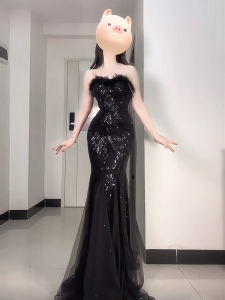 Elegant Black Off-Shoulder Mermaid Gown Adult Ceremony High-End Art Exam Sensation Fairy Tail Skirt Bead Embellished Long Dress