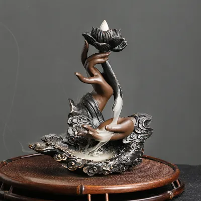 Backflow Incense Burner Handmade Resin Lotus Buddha Hand Waterfall Incense Burner for Home Relaxation Lucky Feng Shui Decor