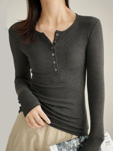 Thread Button Henry Collar Long Sleeve Bottoming T-shirt Womens Fall and Winter American Unique Half-Open Collar Slim Looking Bottoming Shirt Tops