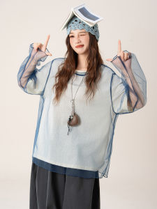 SHANGWEILUO | Sheer Layered Loose Fit Blue Mesh Long Sleeve T-shirt