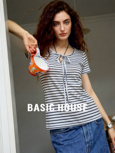 Basic House | Contrast Stripe Short Sleeve Leisure Tied Round Neck T-Shirt