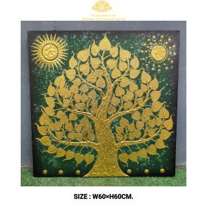 ภาพต้นโพธิ์ทอง พื้นสีเขียวสลัดเงิน ภาพแขวนกรอบลอย ภาพโพธิ์ติดห้องพระ Wall Decoration