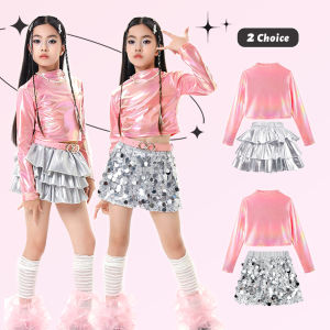 LOlanta 2Piece Metallic Dance Tops Sequins Skirts Set for Girls Jazz Dance Outfit Hip Hop Street Dance Trendy Clothes Performance Costume