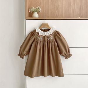 Spring Autumn Kids Clothes 1-6Yrs Pastoral Baby Long-Sleeved Embroider Floral Doll Dresses Children Sweet Princess Girls Dress