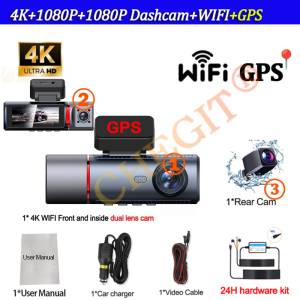 UHD 4K Dash Cam 3 Lens Driving Recorder Car DVR 1080P Rear Lens Camera Built-In WiFi GPS 24-Hour Parking Monitoring Black Box