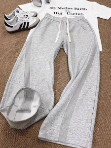 กางเกงขายาวทรงตรงเอวกลางสีเทาสไตล์อเมริกัน ทรงกว้าง ทรงตรง ทรงลำลอง สำหรับผู้ชาย CleanFit กางเกงขายาวทรงตรง