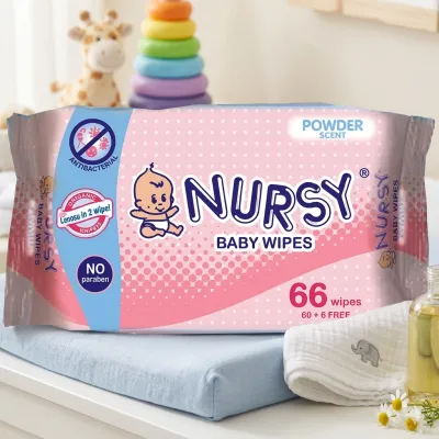 Nursy Baby Wipes Powder Scent 66 Count with No Parabens and Antibacterial Properties