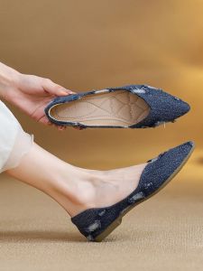 Summer New Soft Bottom Pointed Toe Flat Bottom Single Shoes Womens Slip-On Low Heel Denim Bean Bean Shoes Fairy Style
