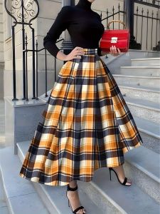 Printed Design Four season checkered pattern orange and black vacation style half skirt