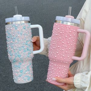 40oz Stainless Steel Vacuum Insulated Tumbler with Pearls & Rhinestones Wide Handle Car Cup Holder Compatible