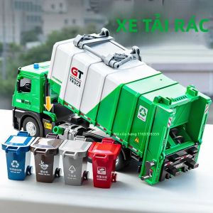 Mô Hình Xe Chở Rác Vệ Sinh Tỷ Lệ 1:24 Có Đèn Âm Thanh Cửa Mở Có Chức Năng Kéo Lại Thân Hợp Kim Dành Cho Trẻ Em Xanh/Trắng