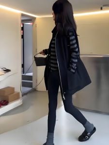 QFN | Fashionable Retro Commute Grey Stripe Shirt and Black Vest Women Autumn Wear