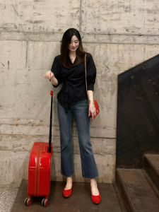 Retro Blue High Waist Flared Jeans Womens Thin Elastic Slim Fit Summer Straight Leg Nine Point Pants Casual High Waist Jeans