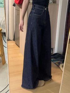 สีน้ําเงินเข้มสูง เอว ขากว้าง เดนิม กระโปรง ทรงหลวม ฤดูร้อน วินเทจ ผู้หญิง กางเกงยีนส์ กางเกงขายาว มีสไตล์ พลัสไซส์ กางเกงขายาว