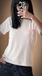 Áo Thun Babytee Nữ Tay Ngắn Đính Ruy Băng Nơ Hồng Lệch 1 Bên Xinh Xắn Dễ Thương