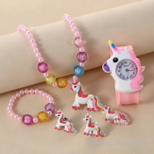 1Set Unicorn Kids Girls Jewelry Set Rhinestone Necklace Bracelet Adjustable Ring Stud Earrings Party Gift