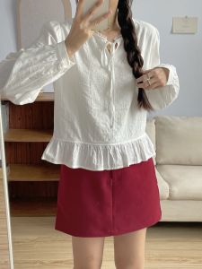 เสื้อเชิ้ตแขนยาวสีขาวสไตล์ฝรั่งเศสสำหรับเด็กผู้หญิง ทรงกระโปรงสั้น ปักลูกไม้ ผ้าฝ้ายผสมโพลีเอสเตอร์ ทรงตรง ปกกลม