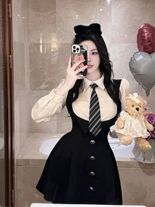 plus Size College Style Short Dress Womens Early Autumn New Design Sensual Girl Dress Pure Color V Neck High Waist a Line Skirt