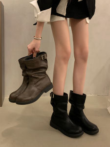 Retro Style Mid-Calf Boots Womens Chunky Heel Martin Boots Folded Short Boot Autumn Winter Fashion Leather Ankle Boots