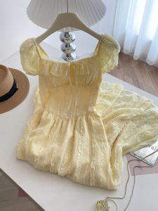 PAIBOLI | Summer 2025 Womens Mid-Length Yellow Dress French Sweet Square Collar Bubble Sleeve Waist-Cinching A-Line Dress