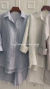 JUNE LINEN-Set bộ nữ 100% LINEN sọc áo sơ mi mix quần đùi ống rộng lưng thun. Form rộng.