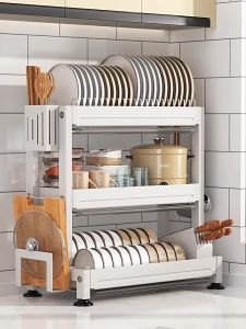 Kitchen Multi-layer Storage Rack Dish Drainer Utensil Holder Nordic Style Metal Countertop Organizer No-drill Installation
