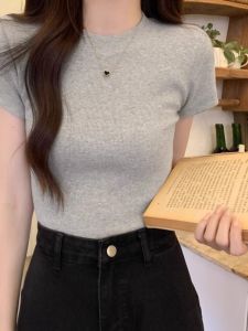 Gray Ribbed Short Sleeve T-Shirt Womens Summer New Sweet Spicy Small High Waist Tight Slimming Short Style Top for Young Women