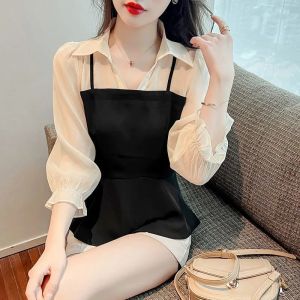 Fashionable Casual Shirt Design Fake Two-Piece Waist-Cinching Sleeveless Patchwork Spring Summer Top Korean Style Bubble Sleeve