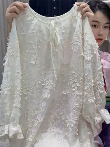 QINGNAER | Lace Embroidery Tied Collar Sleeve Shirts Summer Loose Fit Womens Clothing